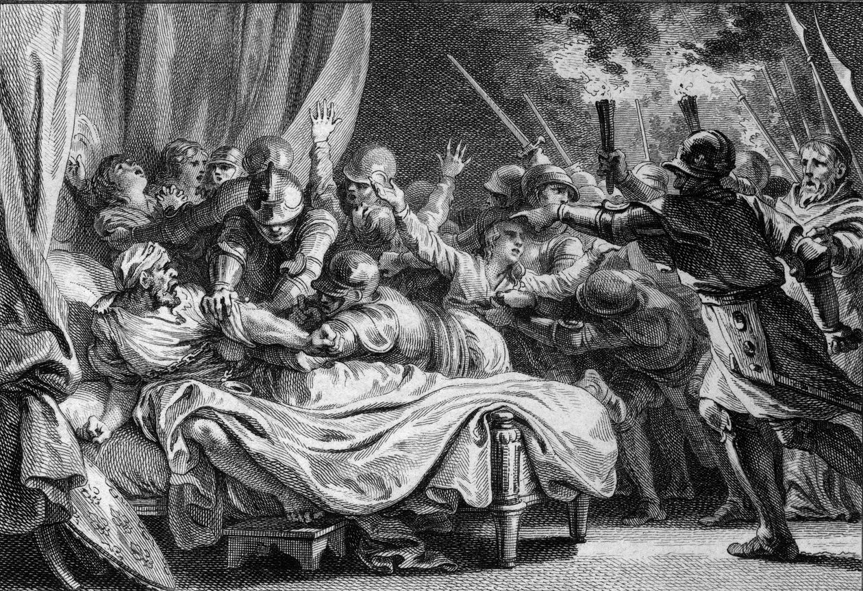 Koniec dynastii karolińskiej, 988: aresztowanie Karola (953-991), księcia Dolnej Lotaryngii, przez Hugues Capeta (941-996) i jego armii. Grawer Jean Michel Moreau, dit Moreau le Jeune (1741-1814) autorstwa Jean Michel the Younger Moreau