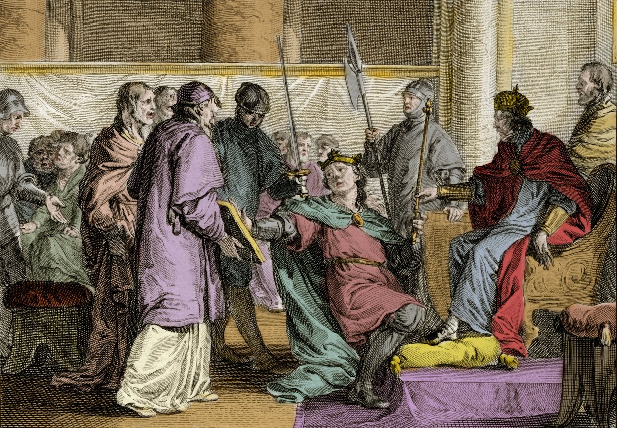 Erispoe (zm. 857), król Bretanii (Herispogius - Hervspogius - Respogius) otrzymał ozdoby królestwa z rąk Karola II Łysego (823-877), 851. Rycina Jean Michel Moreau dit Moreau le Jeune (1741) - 1814) autorstwa Jean Michel the Younger Moreau