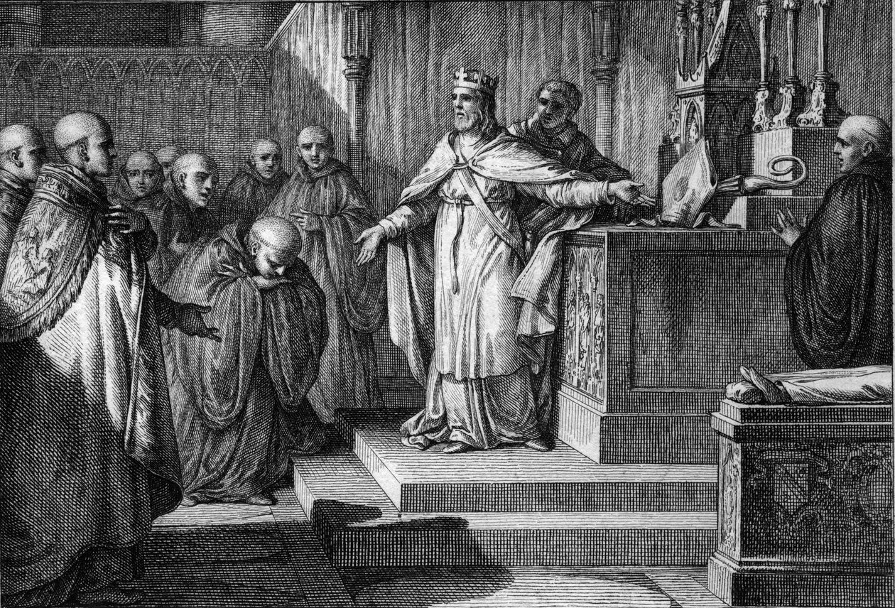 Hugues Capet (941-996) przywrócił kanoniczne elekcje: król Franków zezwolił mnichom na wybór opatów, umieszczając na ołtarzu krzyż i mitrę. Grawer Jean Michel Moreau, dit Moreau le Jeune (1741-1814) autorstwa Jean Michel the Younger Moreau