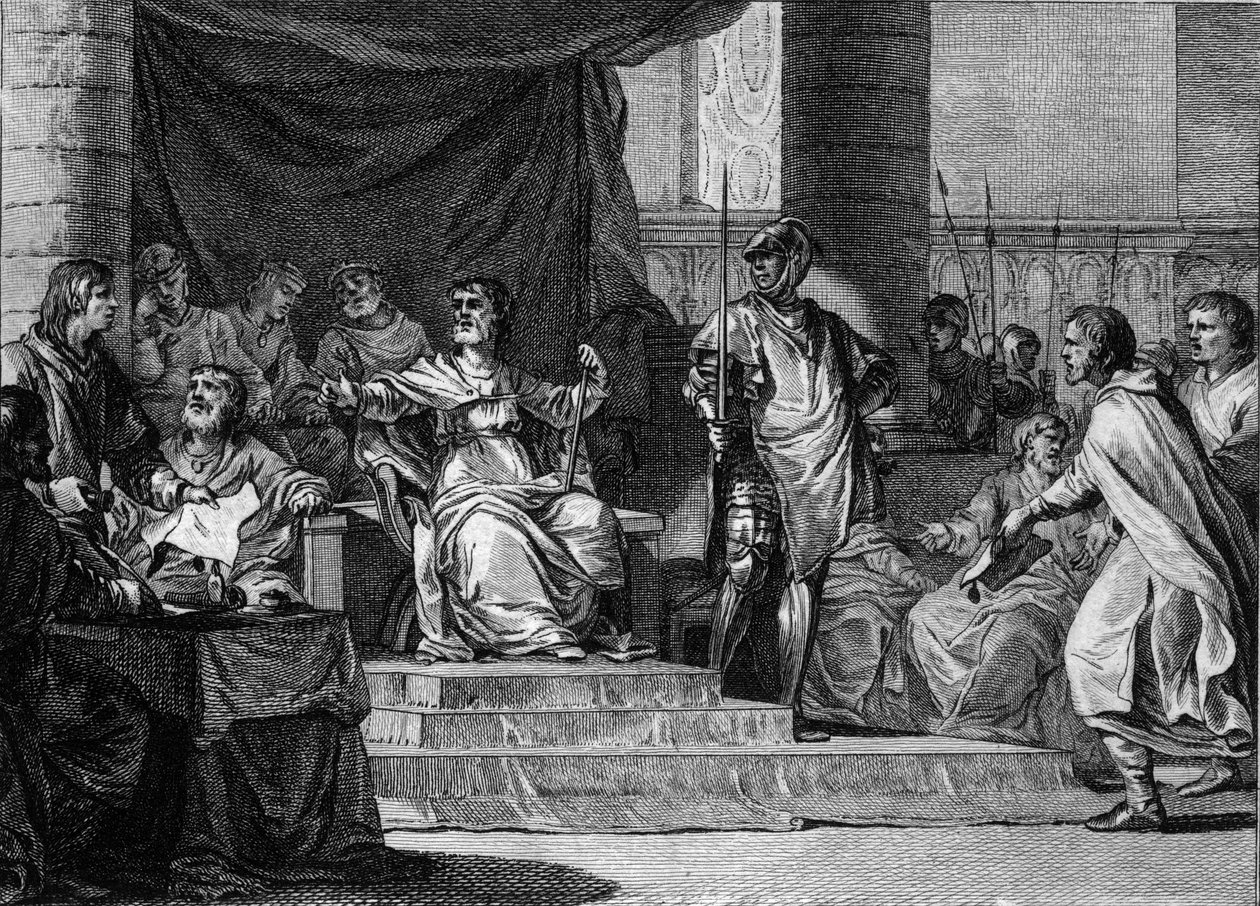 Wyimaginowane przedstawienie panowania Merowingów „leniwych królów”: Clovis III (682-695), Childebert III (683-711) i Dagobert III (około 697-715) śpią i siedzą za burmistrzem Pepin le Jeune lub Herstal Palace (około 653-714). Grawerowanie przez Je autorstwa Jean Michel the Younger Moreau