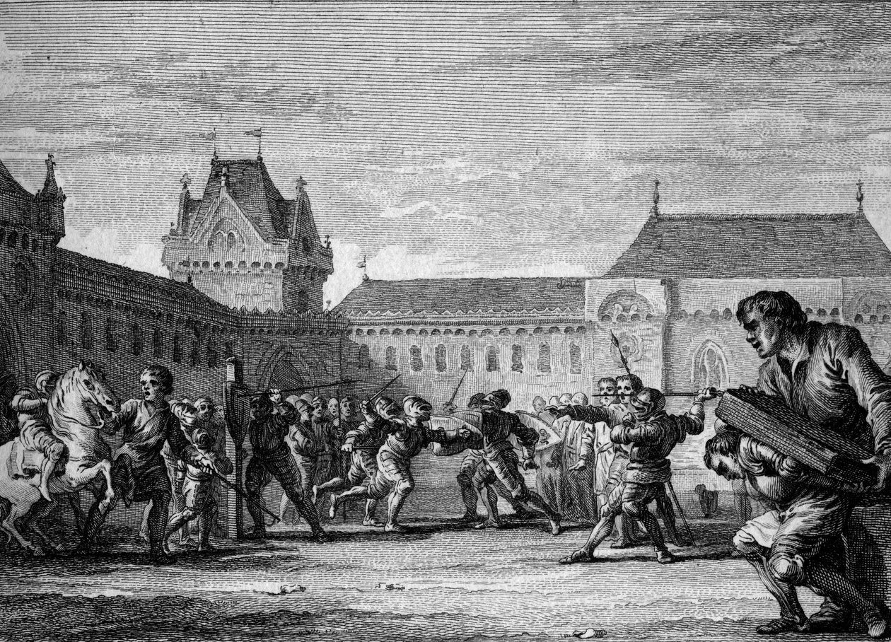 Instytucja stron: ustanowienie szkolenia w zakresie fizycznych i domowych zadań metier strony. Okres karoliński, panowanie Karola Wielkiego, VIII-IX wiek. Grawer Jean Michel Moreau, dit Moreau le Jeune (1741-1814) autorstwa Jean Michel the Younger Moreau