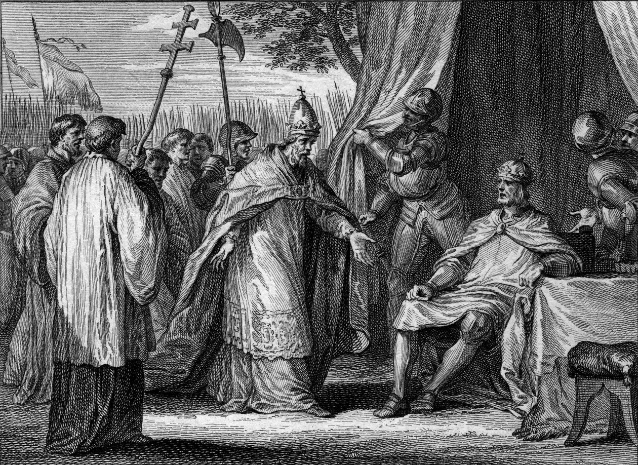 Wywiad między papieżem Grzegorzem IV (zm. 844) a Ludwikiem I Pobożnym (778-840) w 833 r. w celu rozstrzygnięcia sporu między królem a jego synami, Lothairem, Pepinem i Ludwikiem. Grawer Jean Michel Moreau, dit Moreau le Jeune (1741-18 autorstwa Jean Michel the Younger Moreau
