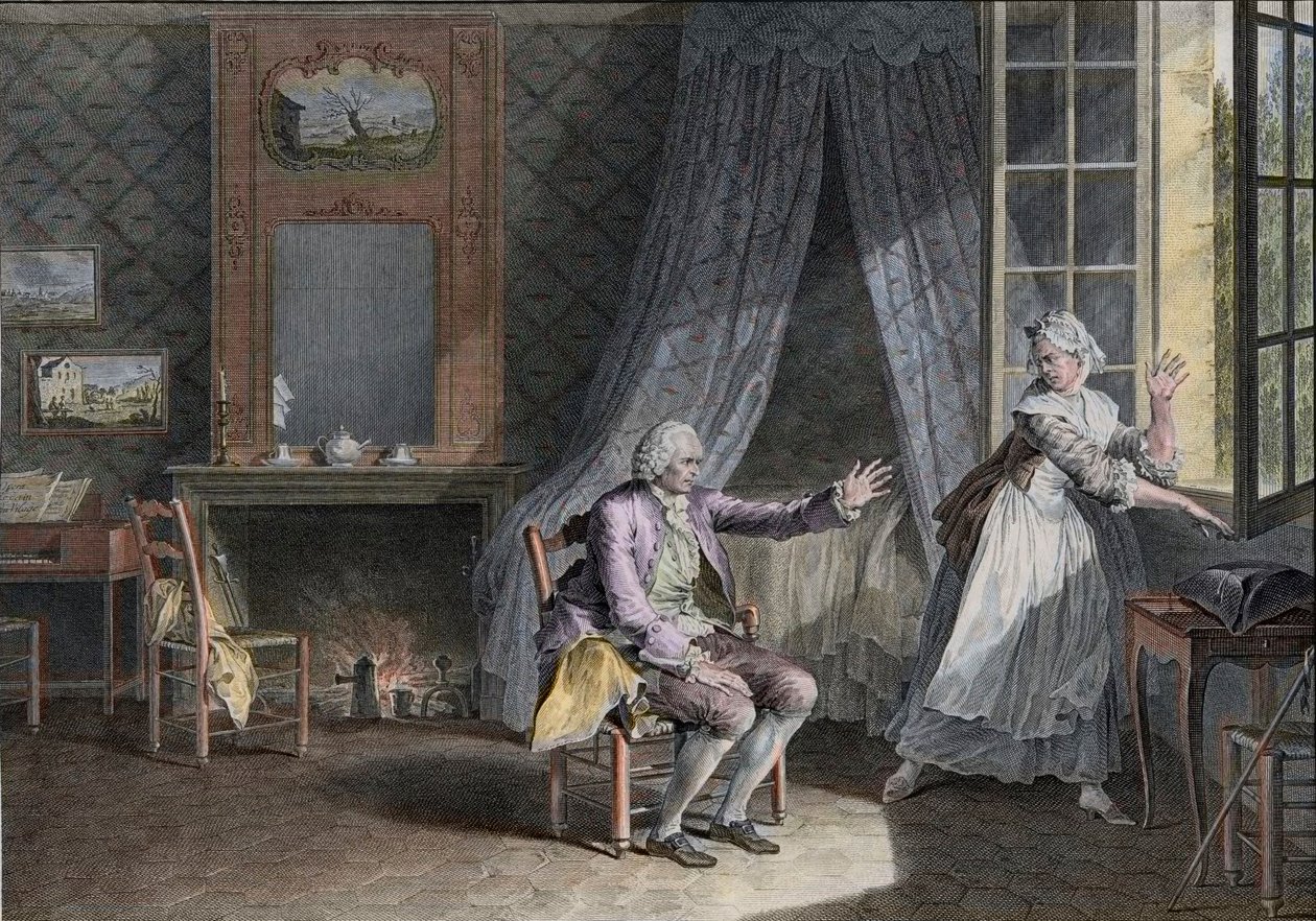 Ostatnie słowa Jeana Jacquesa Rousseau (1712-1778), genewskiego pisarza anglojęzycznego. Rycina z końca XVIII wieku, wg Moreau le Jeune Les Dernieres Paroles Jean-Jacques Rousseau wg Moreau, Jean-Michel autorstwa Jean Michel the Younger Moreau