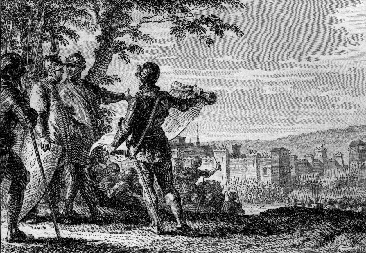 Król Ludwik III (863-882) i Carloman II (867-884) oblegający miasto Wiedeń, 883. Rycina Jean Michel Moreau, dit Moreau le Jeune (1741-1814) autorstwa Jean Michel the Younger Moreau