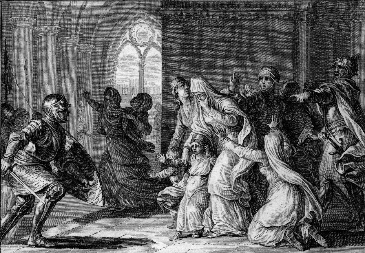 Ludwik I Pobożny (Debonnaire) wygania swoje siostry i siostrzeńców z pałacu, 814. Są oskarżani o spiskowanie przeciwko niemu. Grawer Jean Michel Moreau, dit Moreau le Jeune (1741-1814) autorstwa Jean Michel the Younger Moreau