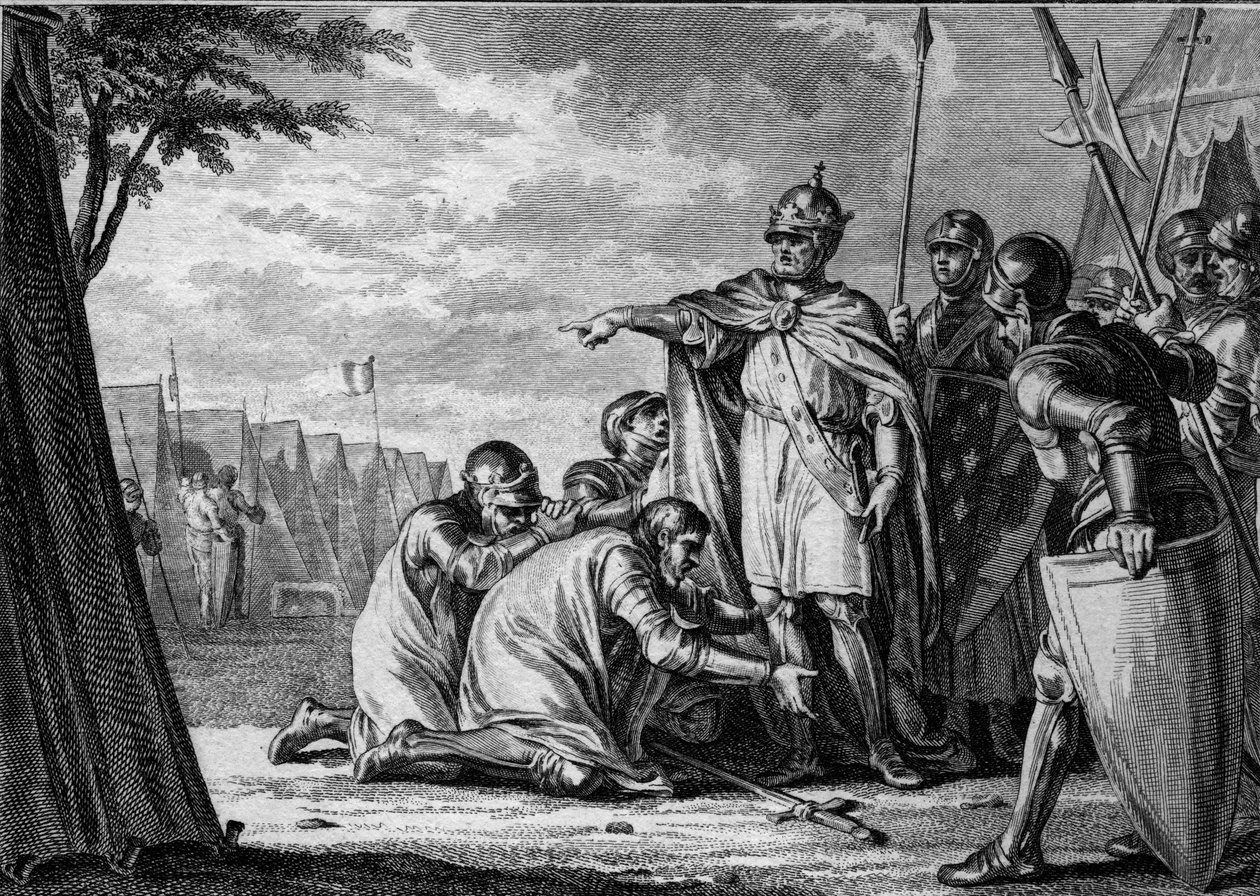 Ludwik I Pobożny lub Debonnaire (778-840) przebacza swojemu synowi Lothaire (795-855), który pada na twarz. 834. Grawer Jean Michel Moreau, dit Moreau le Jeune (1741-1814) autorstwa Jean Michel the Younger Moreau