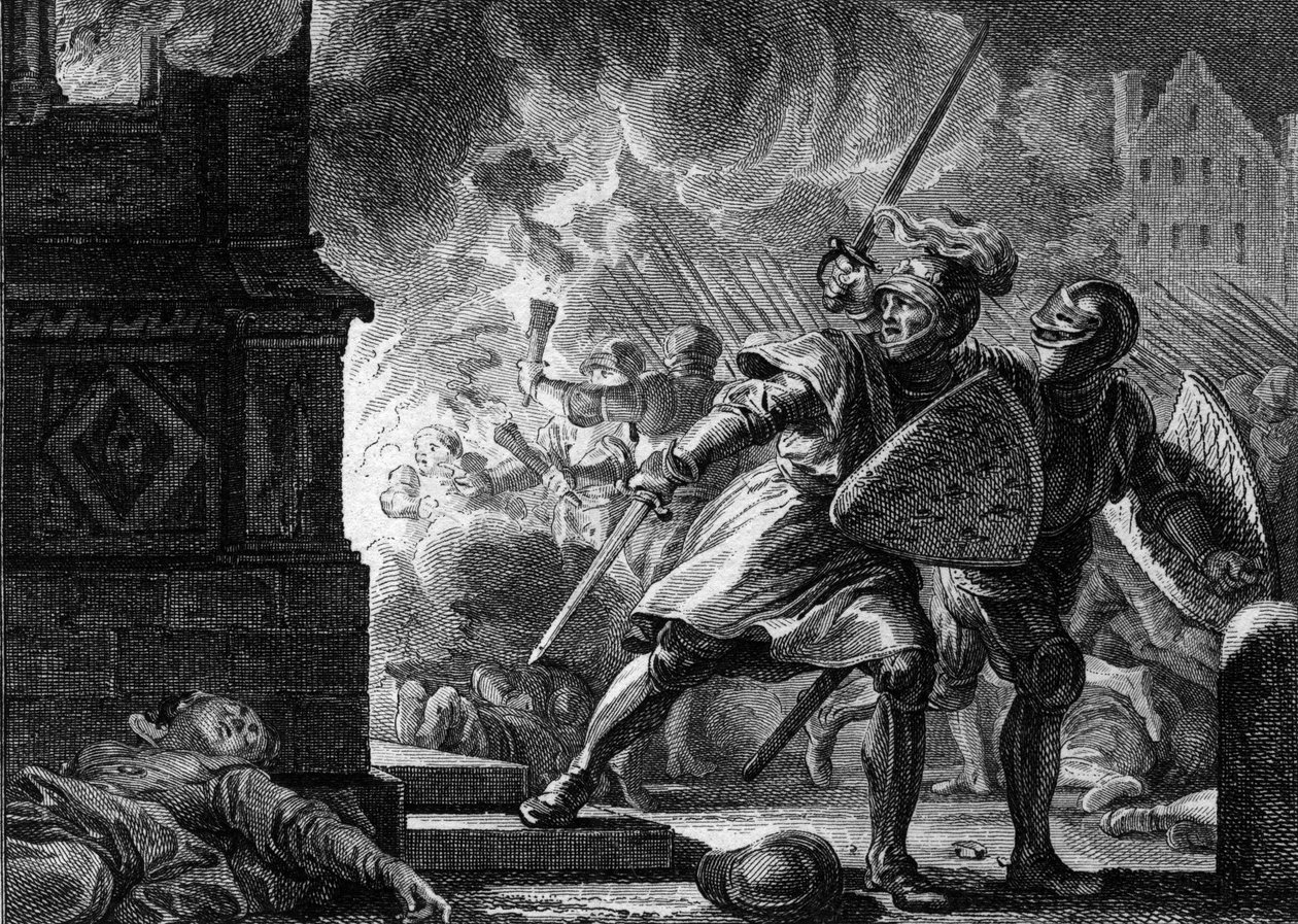 Ludwik VII Młody lub Pobożny (1120-1180) podpalił kościół w Vitry (Szampania), w którym schronili się mieszkańcy autorstwa Jean Michel the Younger Moreau