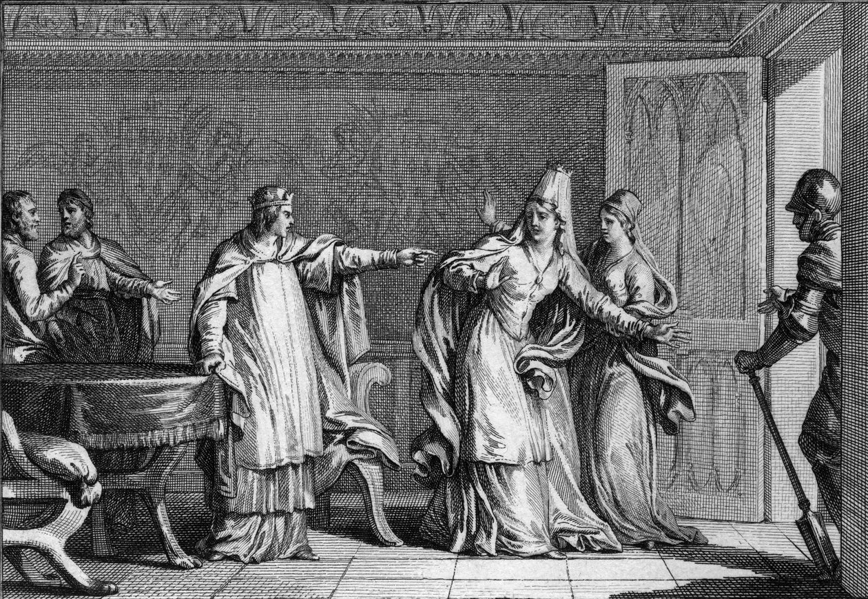 Ludwik V Faineant (966-987), król Franków, wydala swoją matkę, królową Włoch Emmę (945-988), oskarżoną o otrucie swojego męża, króla Lothaire (941-986), 987. Rycina Jean Michel Moreau , dit Moreau le Jeune (1741-1814) autorstwa Jean Michel the Younger Moreau