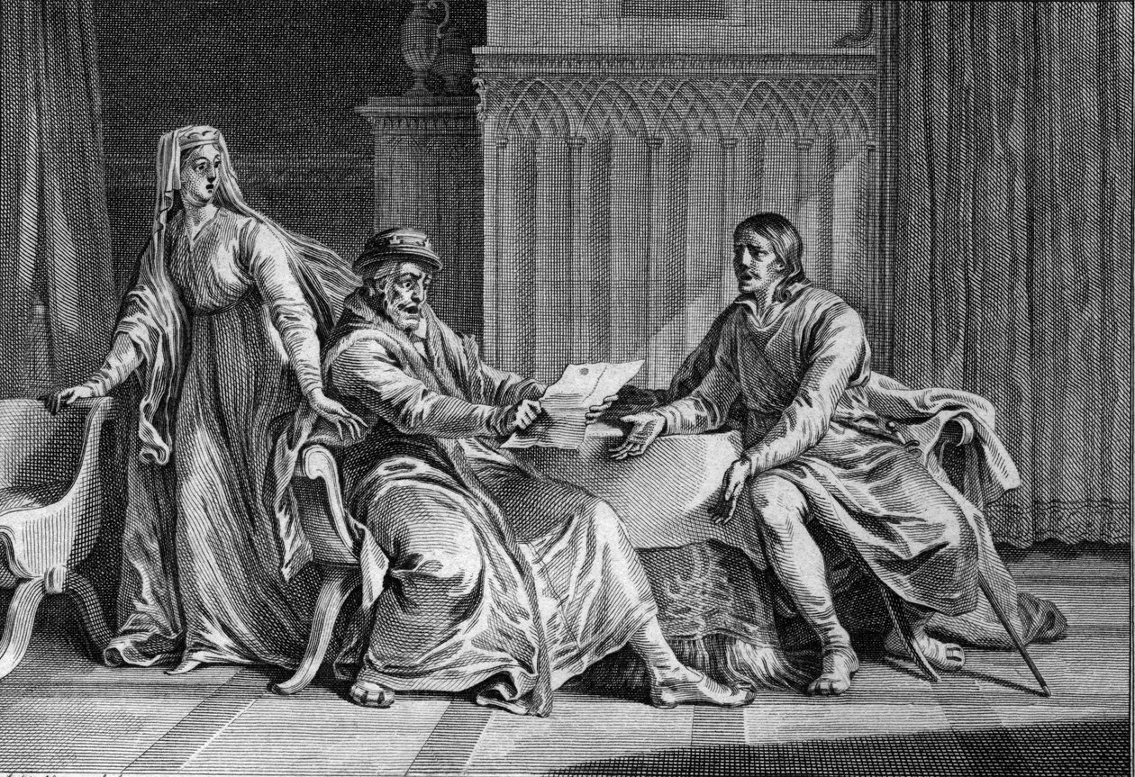 Ludwik Wielki (1081-1137) pokazuje swojemu ojcu, Filipowi I (1052-1108), list, w którym rzekomo prosił króla Anglii o zamordowanie Ludwika. Obecna jest również Bertrade de Montfort (ok. 1070-1118), żona Filipa i domniemana autorka listu. 1 autorstwa Jean Michel the Younger Moreau