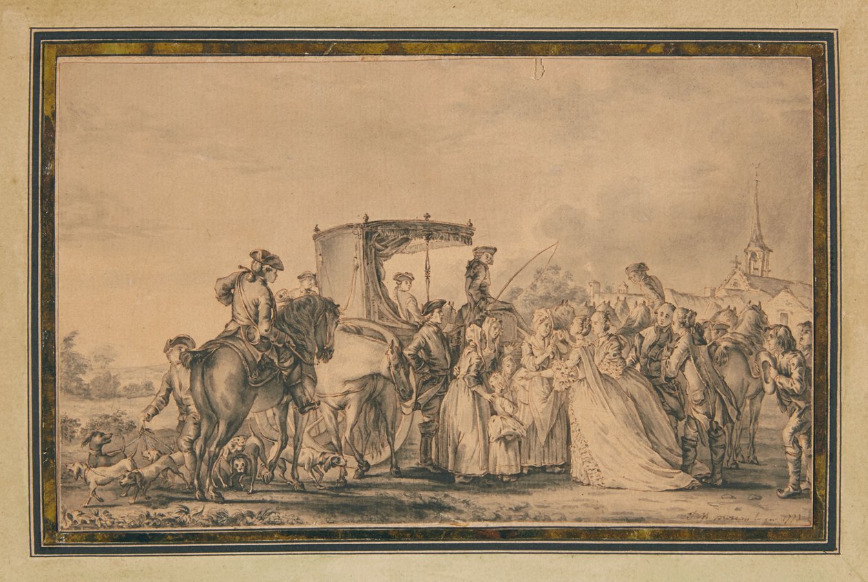Maria Antonina, wysiadająca z powozu i otoczona orszakiem, pocieszająca wieśniaka, 1773 autorstwa Jean Michel the Younger Moreau