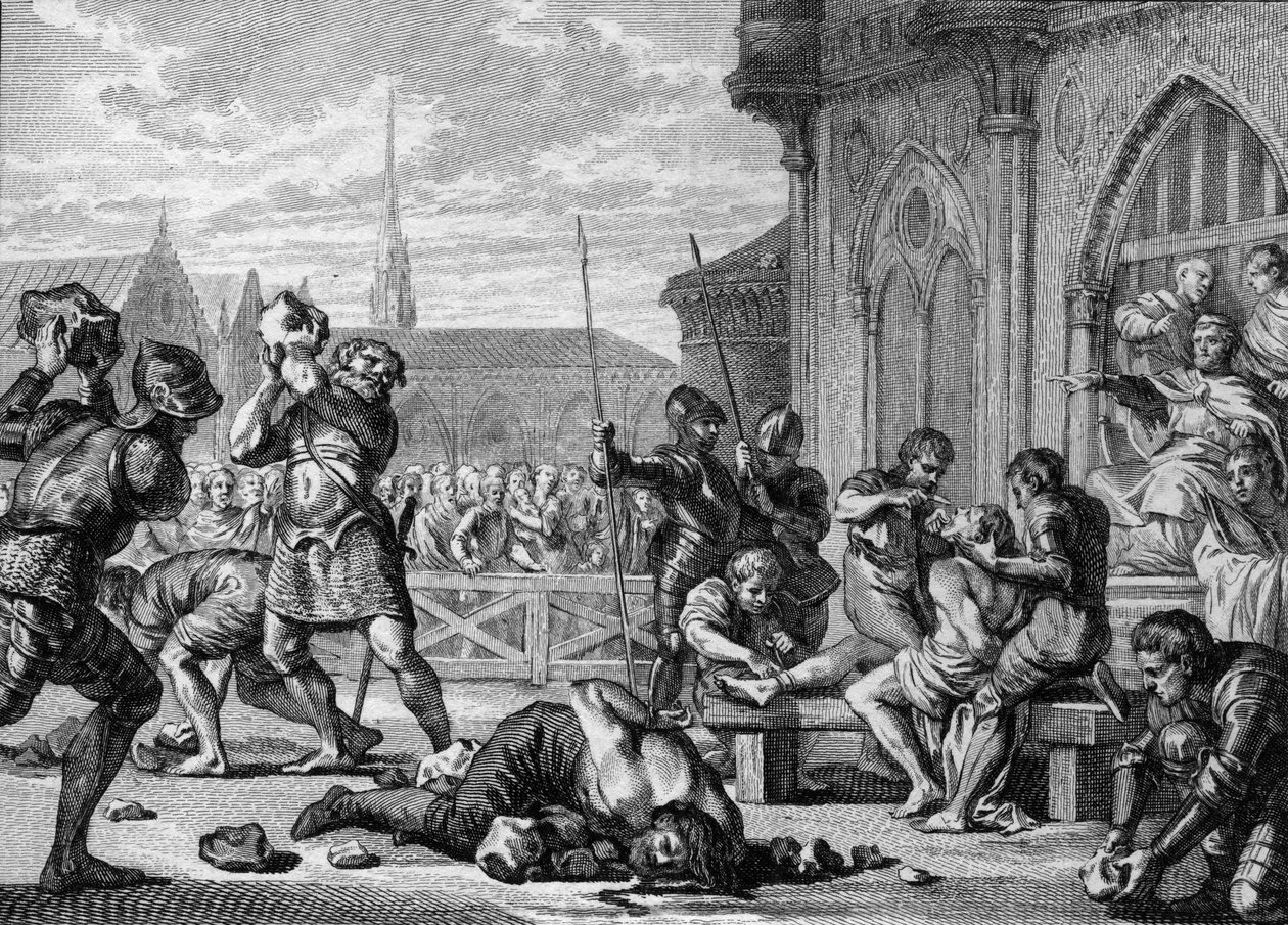 Męczennik św. Legera i hrabiego Guarina, 675: eveque Saint Leger (616-675), po prawej, ma wycięty język i usta. Jego brat, hrabia Guarin (z lewej) zostaje ukamienowany. Grawer Jean Michel Moreau, dit Moreau le Jeune (1741-1814) autorstwa Jean Michel the Younger Moreau