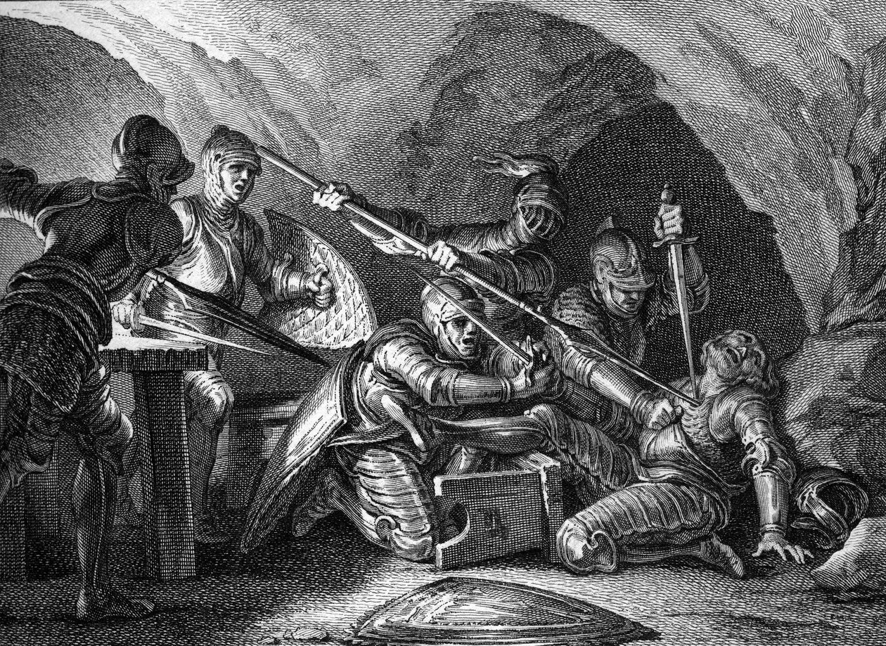 Spotkanie Księstwa Akwitanii z Koroną: Zabójstwo Waifre (lub Gaifier), księcia Akwitanii (767 lub 768). Grawer autorstwa Romaneta według Moreau le jeune (1779). autorstwa Jean Michel the Younger Moreau