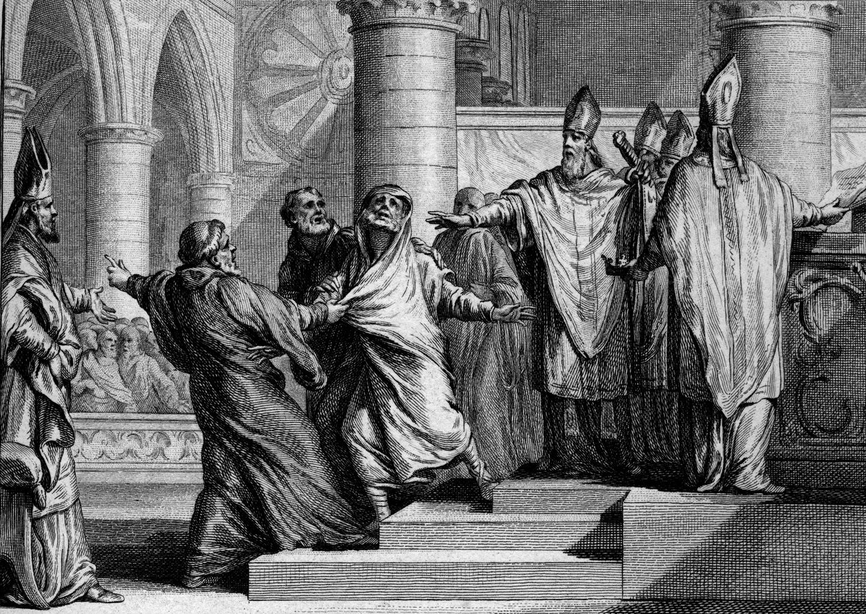 Pokuta i zesłanie Ludwika I Pobożnego lub Debonnaire (778-840), 833: po spowiedzi król zostaje odarty z cesarskich ozdób przez archeweka z Reims, a następnie przykryty torbą pokutników. Grawer Jean Michel Moreau, dit Moreau le Jeu autorstwa Jean Michel the Younger Moreau
