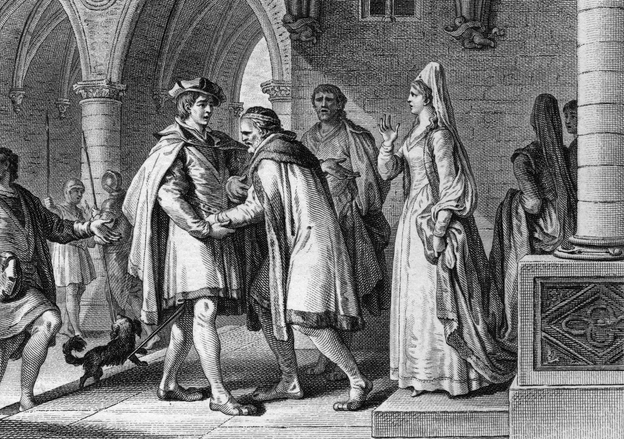 Filip I (1052-1108), król franków, odwiedzający dwór hrabiego Anjou, Foulques le Rechin (1042-1109). Ta podróż jest pretekstem do zaaranżowania małżeństwa z Bertrade de Montfort (ok. 1070-1118), żoną hrabiego. 1095. Grawerowanie Jeana Mich autorstwa Jean Michel the Younger Moreau
