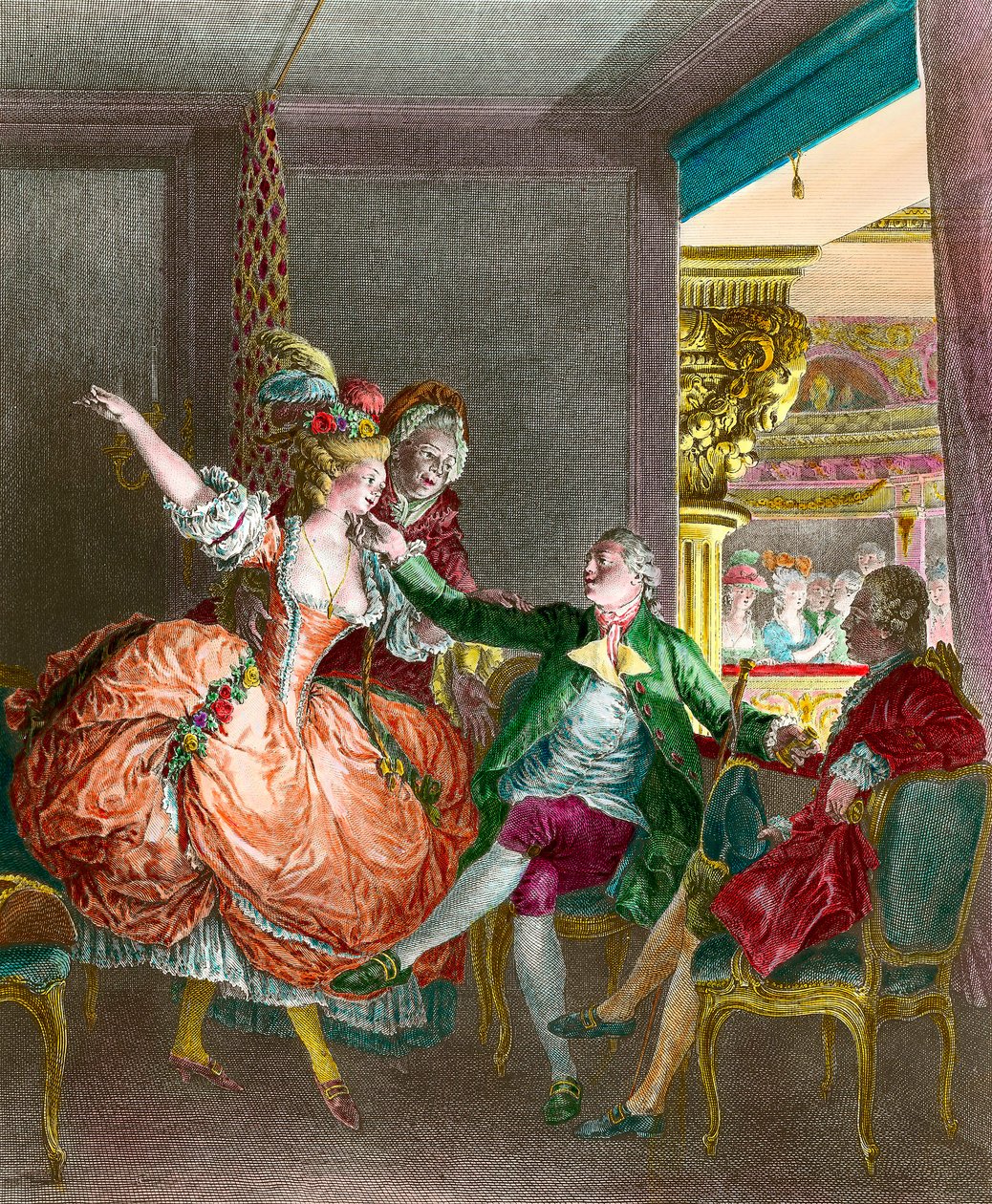 Prostytucja: „”Prezentacja w teatrze””” Młoda kobieta zostaje przedstawiona dżentelmenowi przez swatkę. Grawerowanie autorstwa Moreau le Jeune (1741-1814). 19 wiek. Prywatna kolekcja autorstwa Jean Michel the Younger Moreau