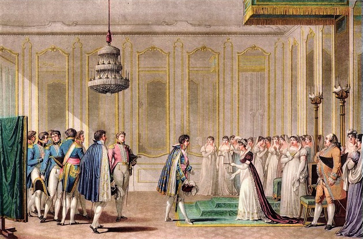 Pełnomocna propozycja małżeństwa od Napoleona przedstawiona cesarzowej Austrii przez księcia Neufchatel (Louis-Alexandre Berthier) - grawerowanie według Jean-Michel Moreau le jeune - W pokoju jego mieszkania Imperatrice Marie Louise of Austria (Marie-Louis autorstwa Jean Michel the Younger Moreau