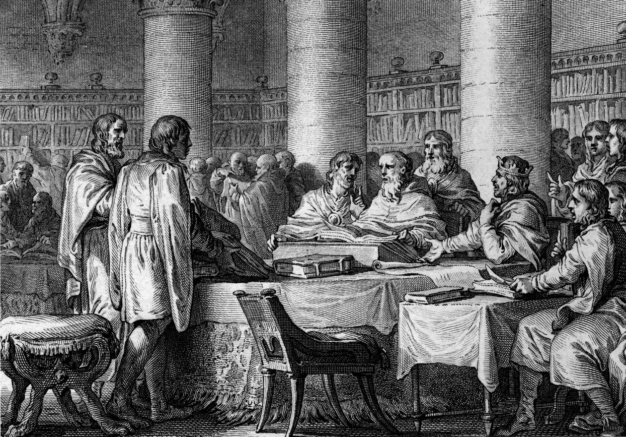 Wznowienie studiów na Zachodzie przez króla franków Karola Wielkiego (747-814) i mnicha Alcuina. 781. Grawer Jean Michel Moreau, dit Moreau le Jeune (1741-1814) autorstwa Jean Michel the Younger Moreau
