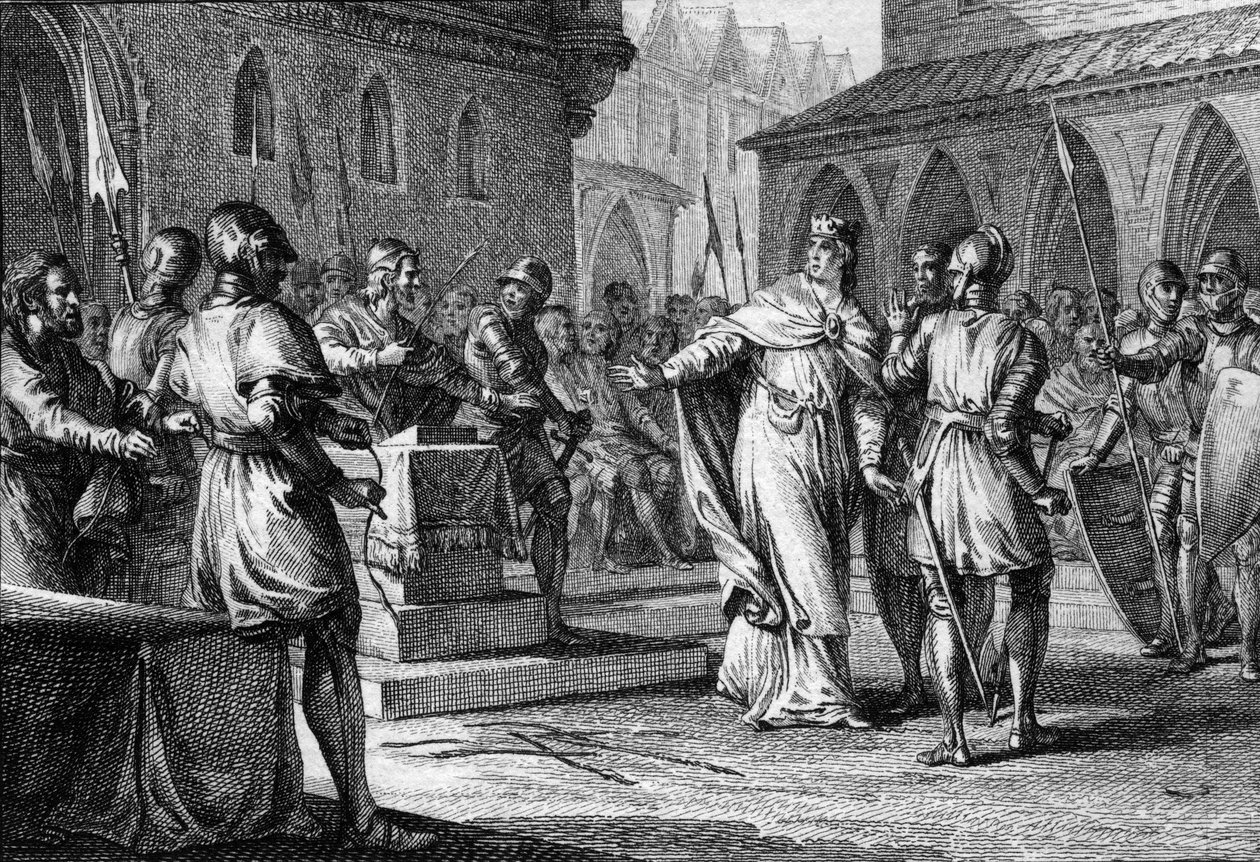 Powstanie przeciwko Karolowi III Prostemu przez lordów kierowanych przez Roberta (865-923), który został królem Francji w 922 jako Robert I, Soissons 920 (rycina) autorstwa Jean Michel the Younger Moreau