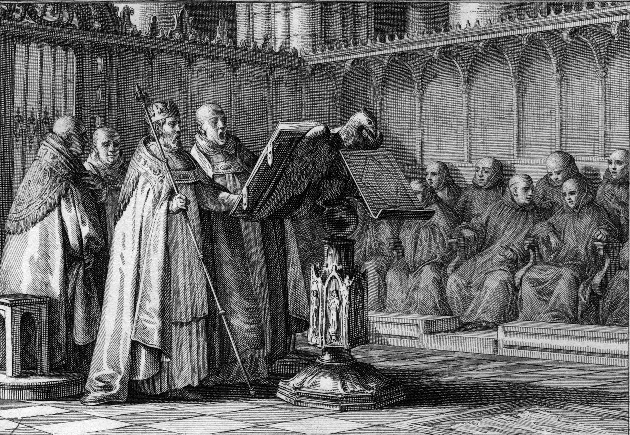 Robert II Pobożny (970-1031), król Franków, śpiewający na nabożeństwie przed mównicą. Nosi koronę i trzyma swoje berło. Grawer Jean Michel Moreau, dit Moreau le Jeune (1741-1814) autorstwa Jean Michel the Younger Moreau