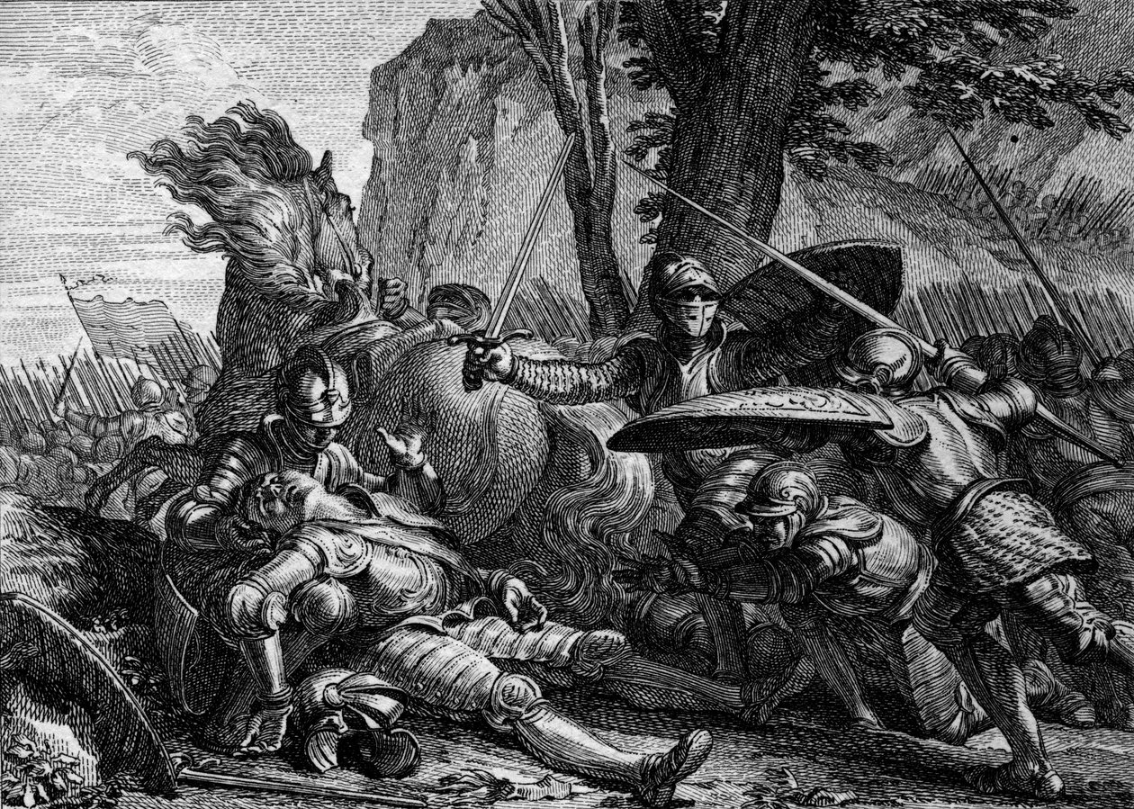 Roland zginął podczas bitwy pod Roncesvaux między armią Karola Wielkiego a armią Saracenów. 778. Grawer Jean Michel Moreau, dit Moreau le Jeune (1741-1814) autorstwa Jean Michel the Younger Moreau