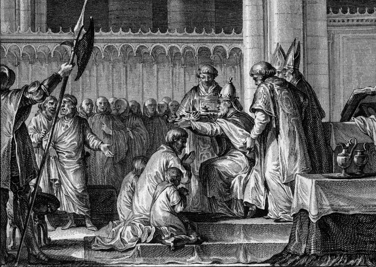 Sacred Pepin the Brief (714-768), Bazylika Saint Denis, 28 lipca 754: Papież Stefan II konsekrował go na króla Franków i Patrice of the Romans (Patricius Romanorum). U jego boku dwaj synowie, Carloman i Charles (przyszły Karol Wielki). Rytownictwo autorstwa Jean Michel the Younger Moreau