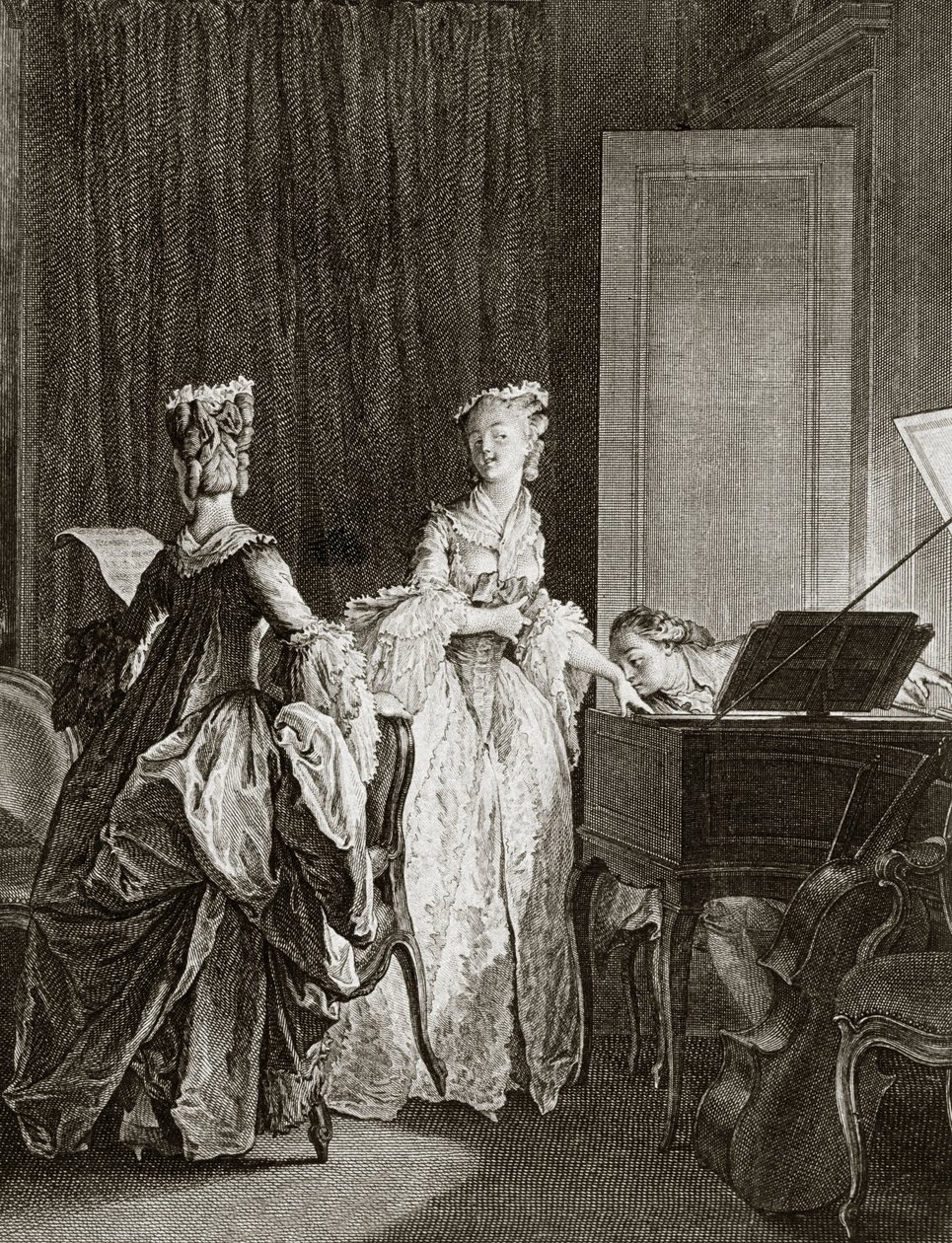 Saint Preux i Claire przy klawesynie w „Julie ou la nouvelle Heloise” szwajcarskiego filozofa Jeana Jacquesa (Jean-Jacques) Rousseau (1712-1778) - rycina Moreau le jeune, Jean Michel (1741-1814) (św. -Preux, siada przy klawesynie, całuję autorstwa Jean Michel the Younger Moreau