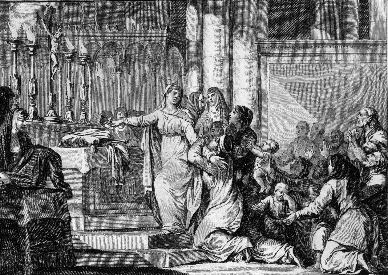 Sainte Bathilde (lub Batilde, Bathylle, Beaudour) (626-680), królowa franków i wdowa po Clovis II, postanowiła nosić zasłonę w klasztorze Chelles w 665. Jego poddani próbują go powstrzymać. Grawer Jean Michel Moreau, dit Moreau le Jeune (1741-1 autorstwa Jean Michel the Younger Moreau