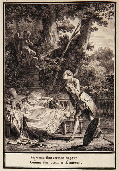 „Jej oczy są zamknięte na dzień, ponieważ jej serce ma miłość”, ilustracja z „Choix de Chansons” Laborde autorstwa Jean Michel the Younger Moreau