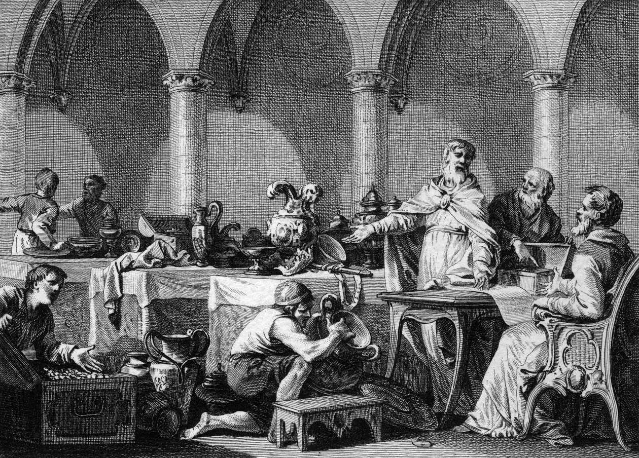 Dzielenie się Tresorami Dagoberta I (602/605-638), króla franków, po jego śmierci, pod kontrolą dwóch burmistrzów Pałacu Pepin Landen i Aega. Grawer Jean Michel Moreau, dit Moreau le Jeune (1741-1814) autorstwa Jean Michel the Younger Moreau