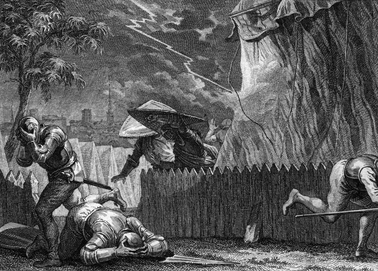 Oblężenie Poitiers, 954: podczas burzy światło zniszczyło namiot Huguesa Wielkiego (897-956). Grawer Jean Michel Moreau, dit Moreau le Jeune (1741-1814) autorstwa Jean Michel the Younger Moreau