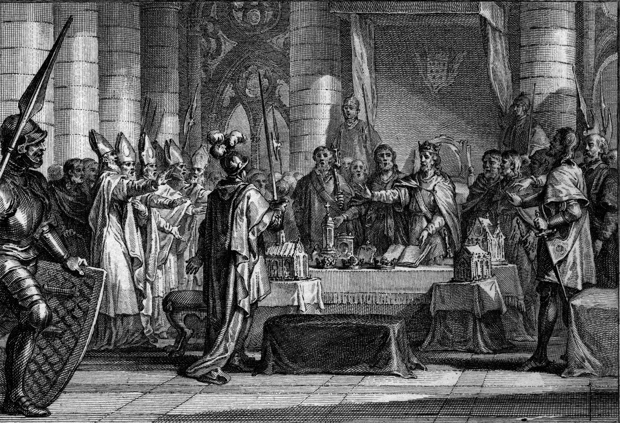 Sukcesja Ludwika I Pobożnego lub Debonnaire, 816: cesarza Zachodu (778-840) przed trzema koronami symbolizującymi podział jego imperium na trzy królestwa, z których każde powraca do jednego ze swoich synów (Lothaire, Pepin, Louis) . Grawerowanie Jeana Mi autorstwa Jean Michel the Younger Moreau