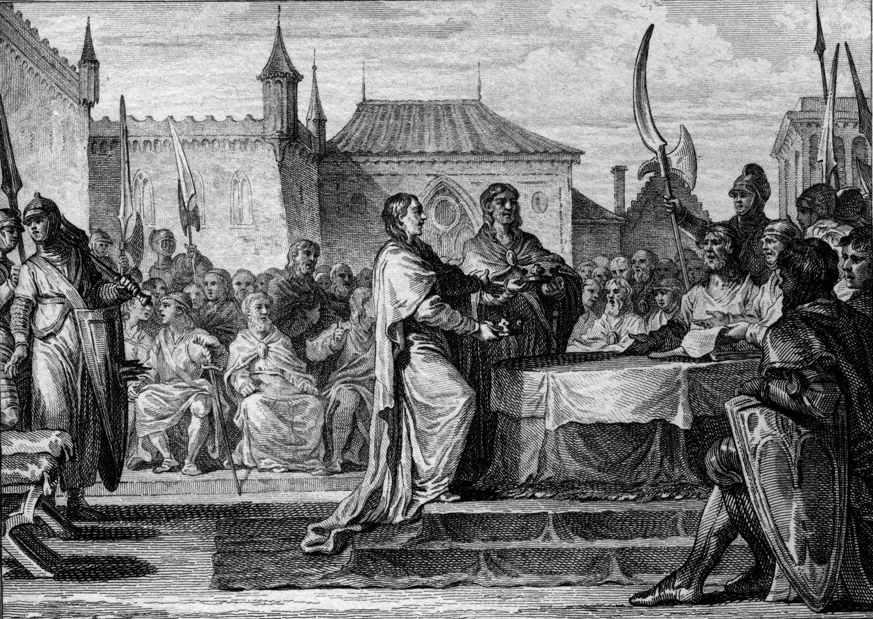 Sukcesja Pepina Krótkiego, 768: zgromadzenie postanowiło podzielić królestwo między jego dwóch synów, Karola Wielkiego (747-814) i Carlomana (ok. 751-771), łamiąc tym samym ustalenia dokonane przez Pepina Krótkiego. Grawer Jean Michel Moreau, dit Moreau l autorstwa Jean Michel the Younger Moreau