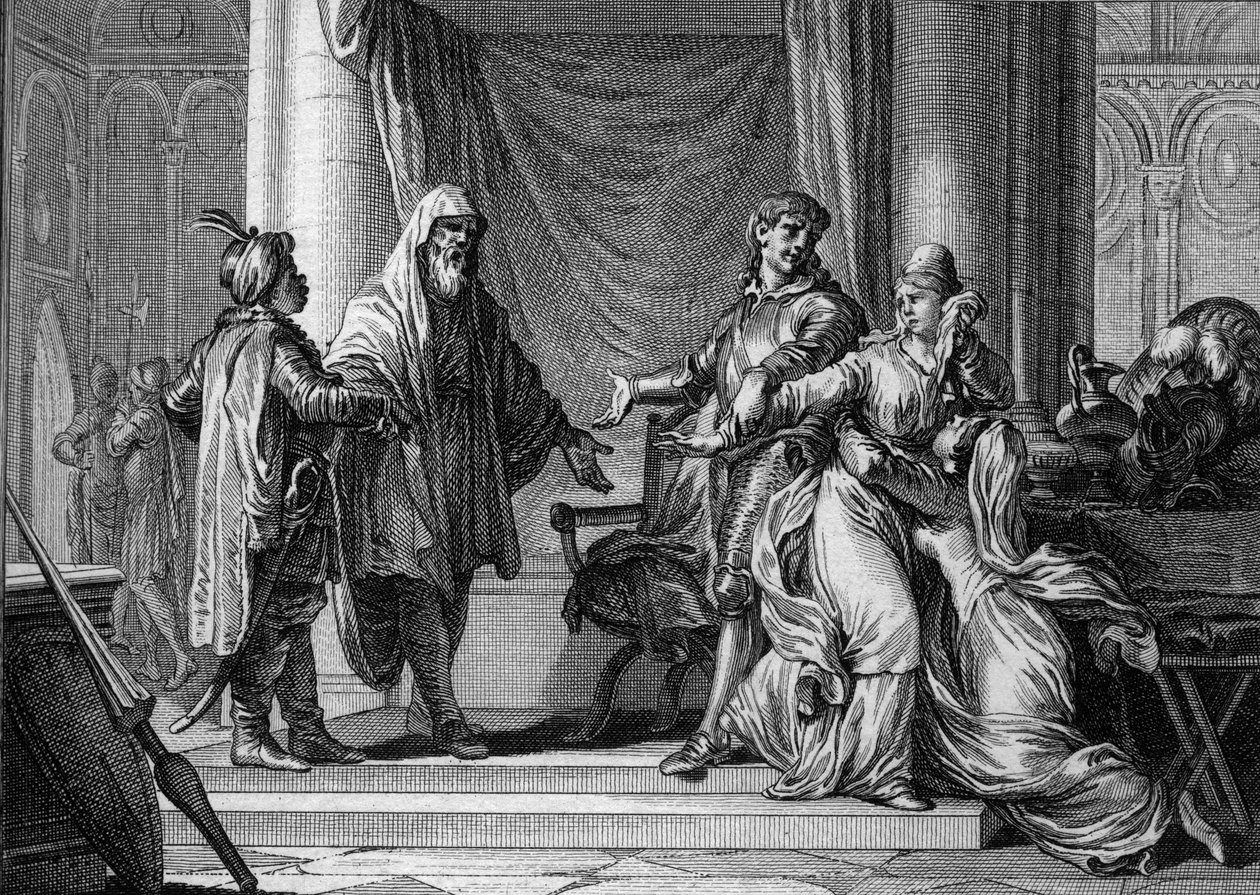 Księżniczka Akwitanii, Lampagie, została siłą poślubiona przez swojego ojca (Eudes) mauretańskiemu kapitanowi Munuza (Uthman ibn Naissa), aby zapewnić pokój z Saracenami, 730. Grawer Jean Michel Moreau, dit Moreau le Jeune (1741-1814) ) autorstwa Jean Michel the Younger Moreau