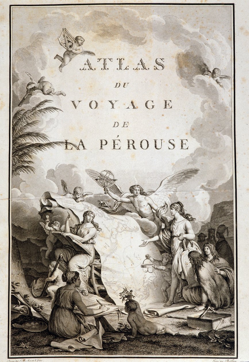 Strona tytułowa „” Atlas du voyage de La Perouse „” (Jean-Francois Galaup, Comte de La Perouse (Jean Francois Laperouse autorstwa Jean Michel the Younger Moreau