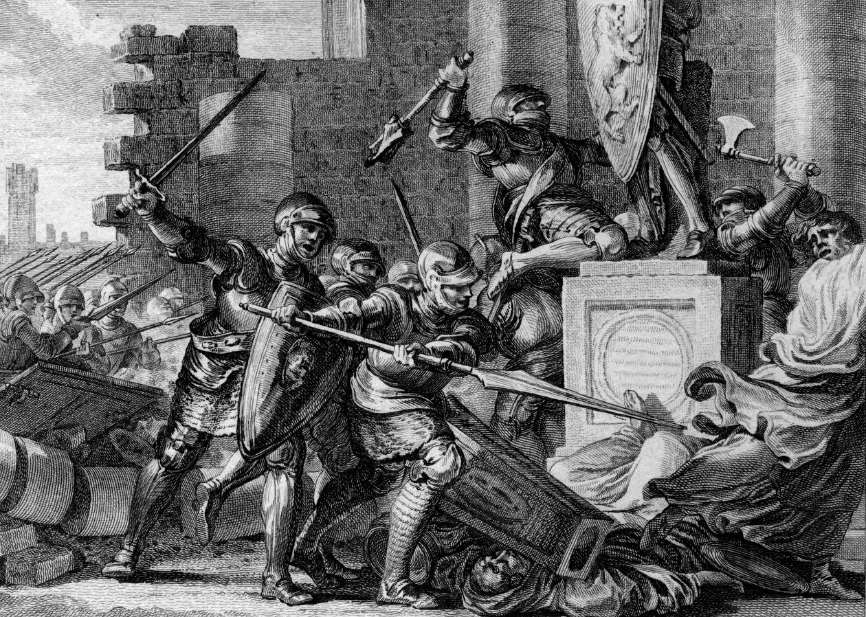 Wojna przeciwko Sasom, 772: zniszczenie świątyni i bożka Irmensula, Paiańskiego bóstwa Sasów, przez armię Karola Wielkiego. Ehresburg, Niemcy. Grawer Jean Michel Moreau, dit Moreau le Jeune (1741-1814) autorstwa Jean Michel the Younger Moreau