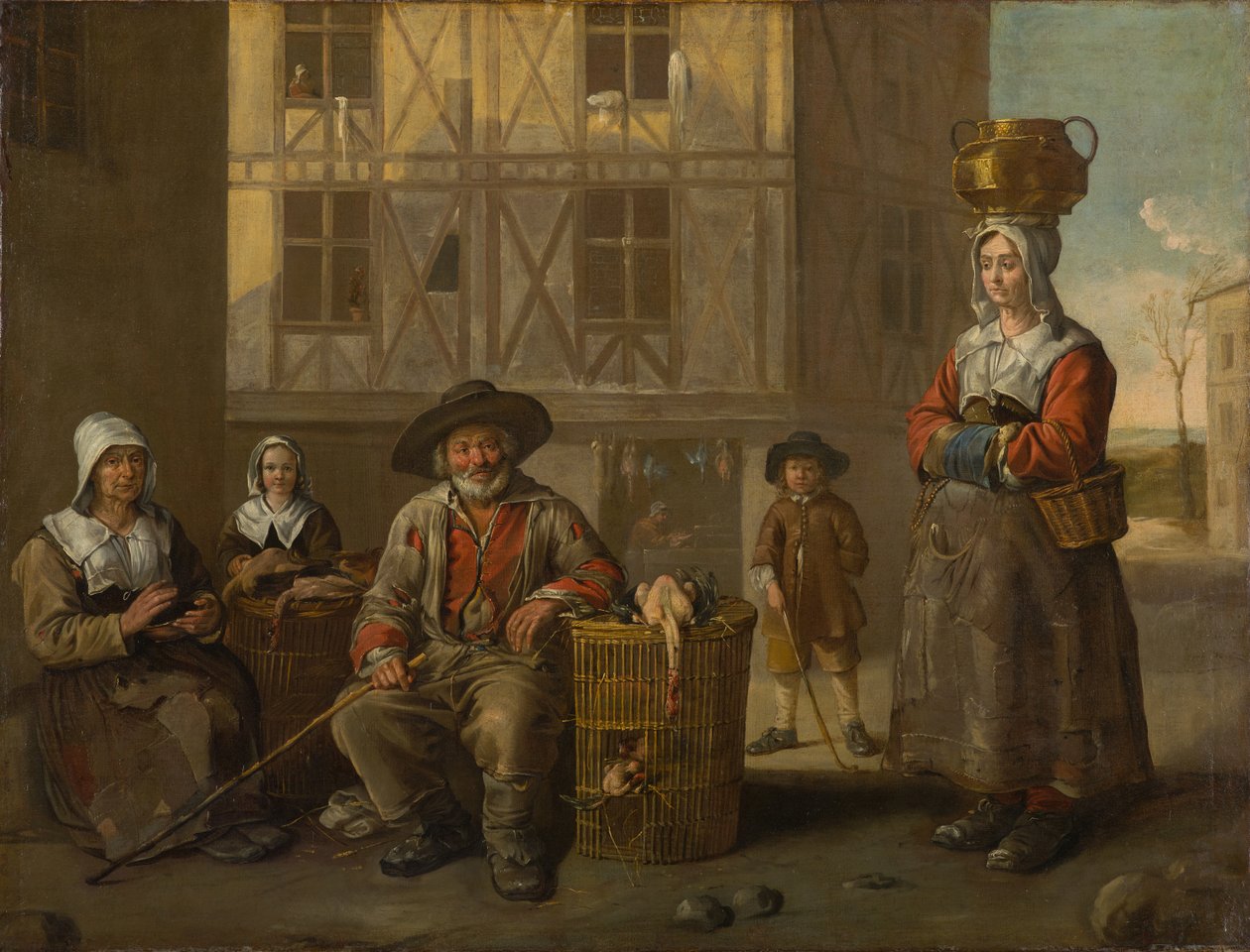 Kupiec drobiu i stara kobieta grzejąca ręce, ok. 1652 (olej na płótnie) autorstwa Jean Michelin