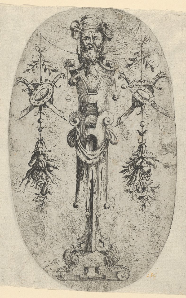 Męska figura terminalna, głowa z brodą i turbanem na trójczłonowej stopce z pasami..., ca. 1543-45. autorstwa Jean Mignon