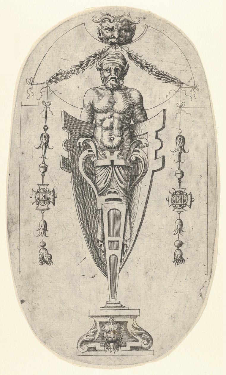 Męska figura terminala, tułów z brodą i turbanem na półwysokim piedestale zamkniętym ..., ca. 1543. autorstwa Jean Mignon