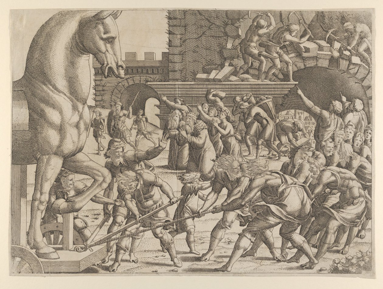 Trojanie sprowadzają drewnianego konia do swojego miasta, 1535-55. autorstwa Jean Mignon