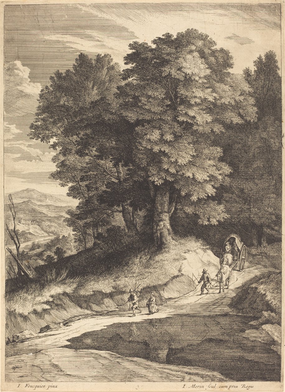 Skraj lasu z podróżnikami w powozie autorstwa Jean Morin, after Jacques Fouquières