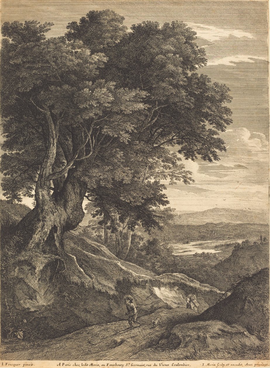 Pagórkowaty krajobraz z pieszymi podróżnikami autorstwa Jean Morin, after Jacques Fouquières