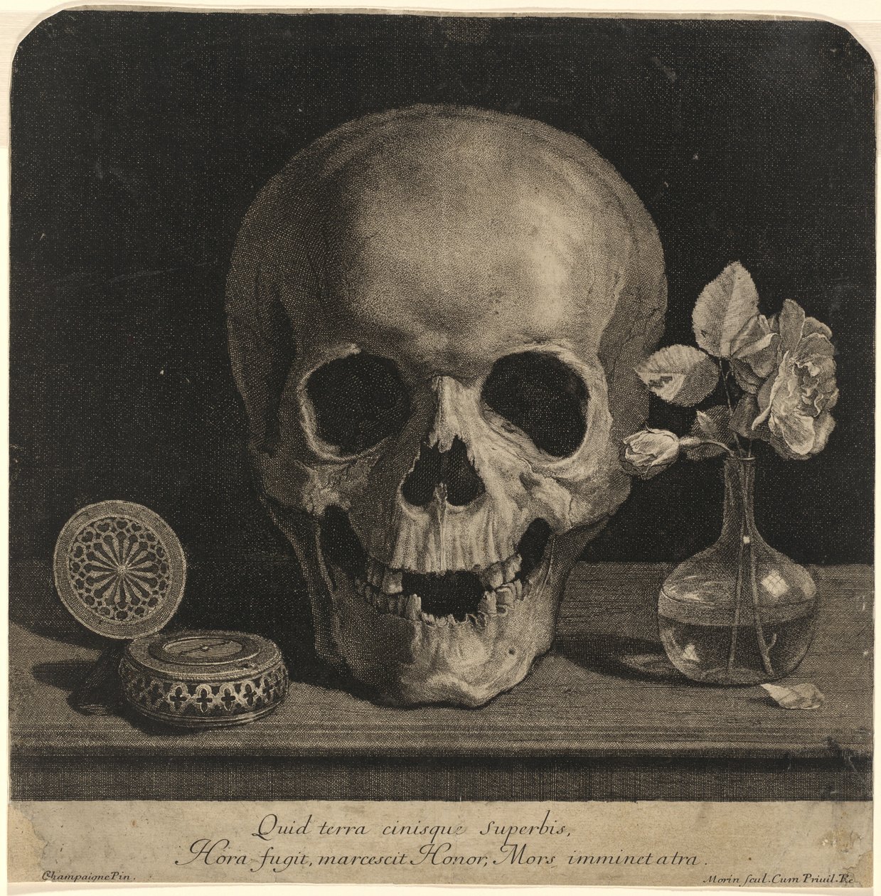 Martwa natura z czaszką i wazonem róż autorstwa Jean Morin, after Philippe de Champaigne