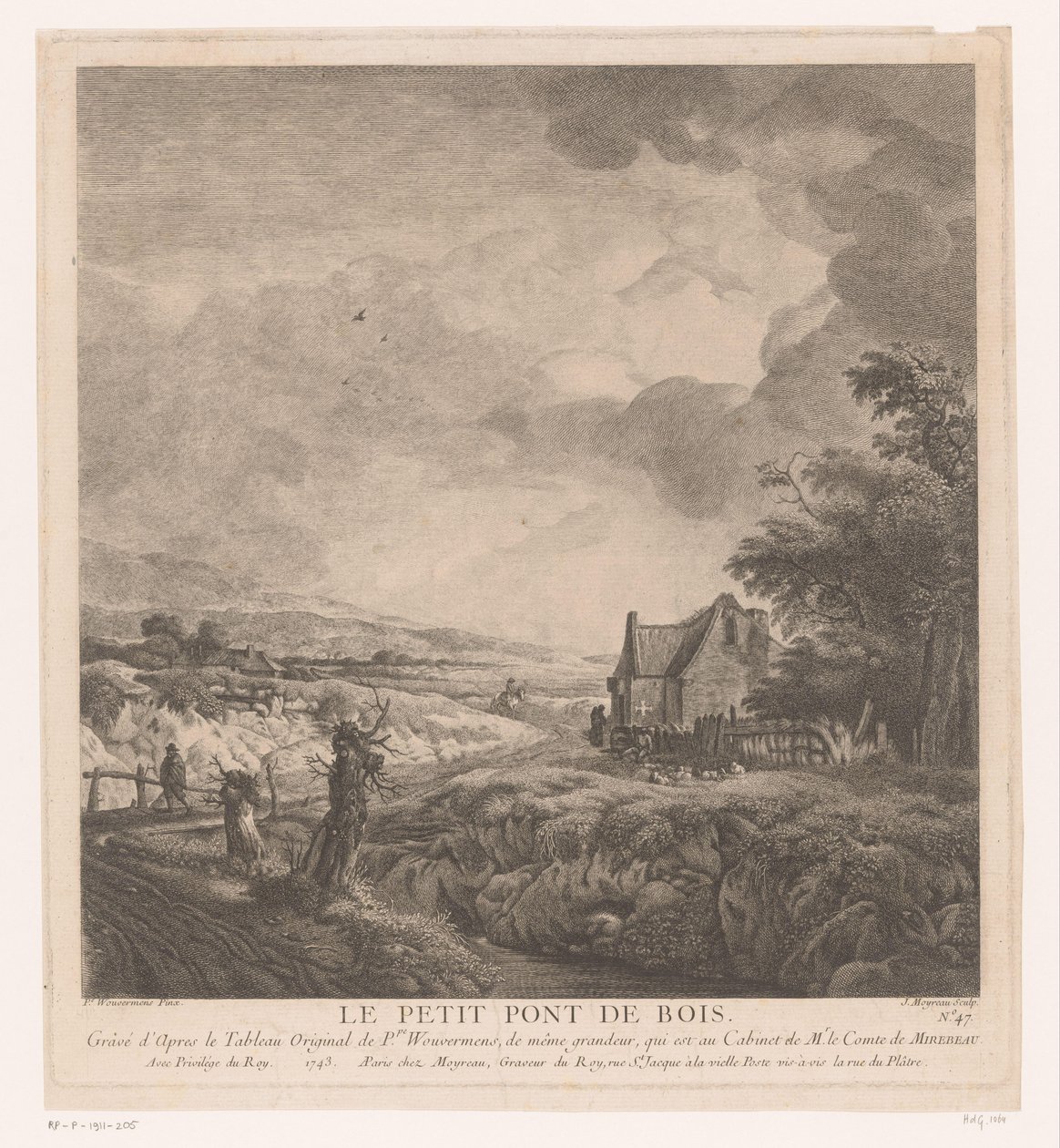 Krajobraz z domem wzdłuż ścieżki nad mostem Le petit pont de bois (tytuł na obiekcie) Odbitki według obrazów Philipsa Wouwermana (tytuł serii) Oeuvres de Ph.pe Wouwermans Hollandois (tytuł serii) autorstwa Jean Moyreau