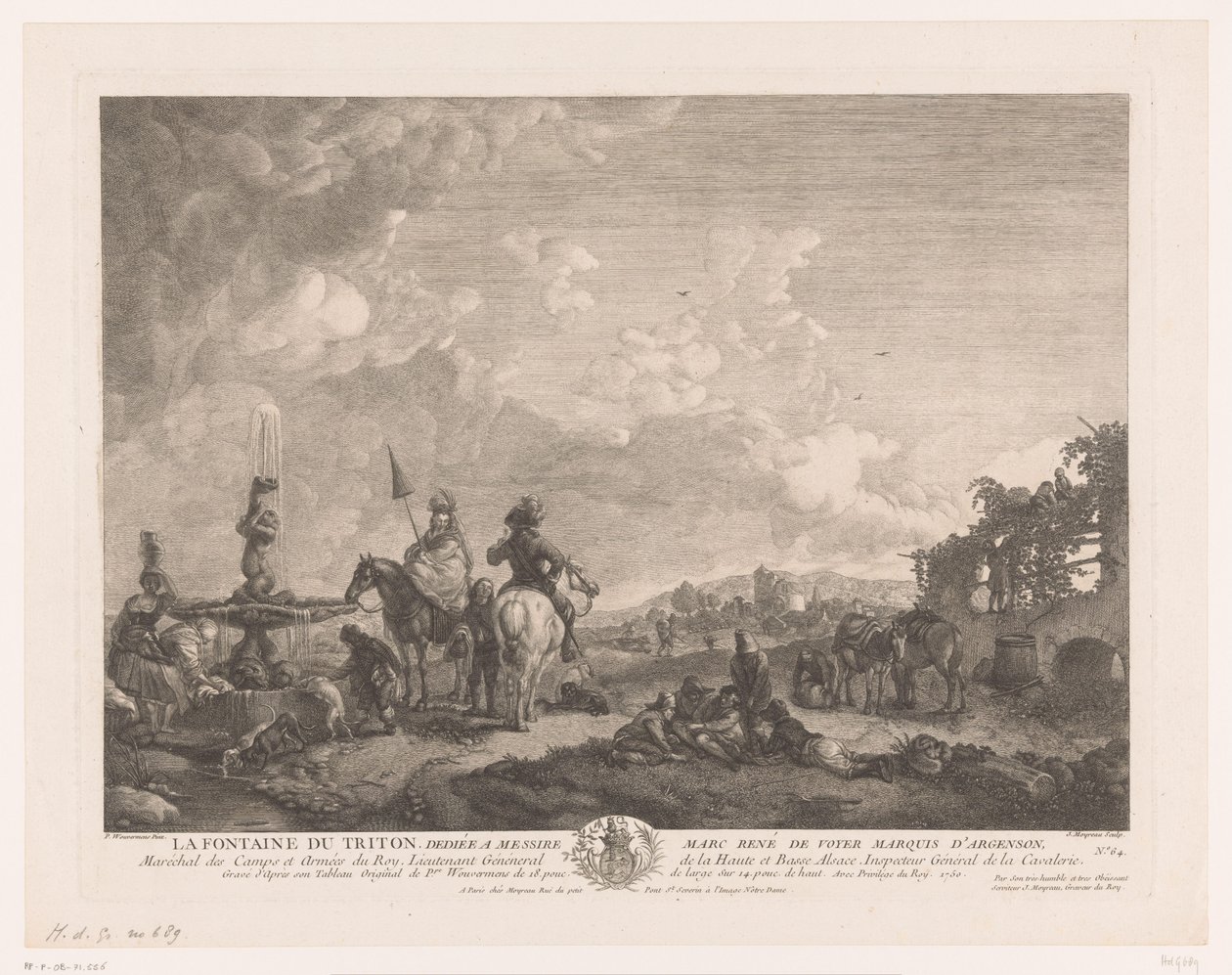 Krajobraz z postaciami przy fontannie La Fontaine du Triton (tytuł na obiekcie) Odbitki według obrazów Philipsa Wouwermana (tytuł serii) Oeuvres de Ph.pe Wouwermans Hollandois (tytuł serii) autorstwa Jean Moyreau