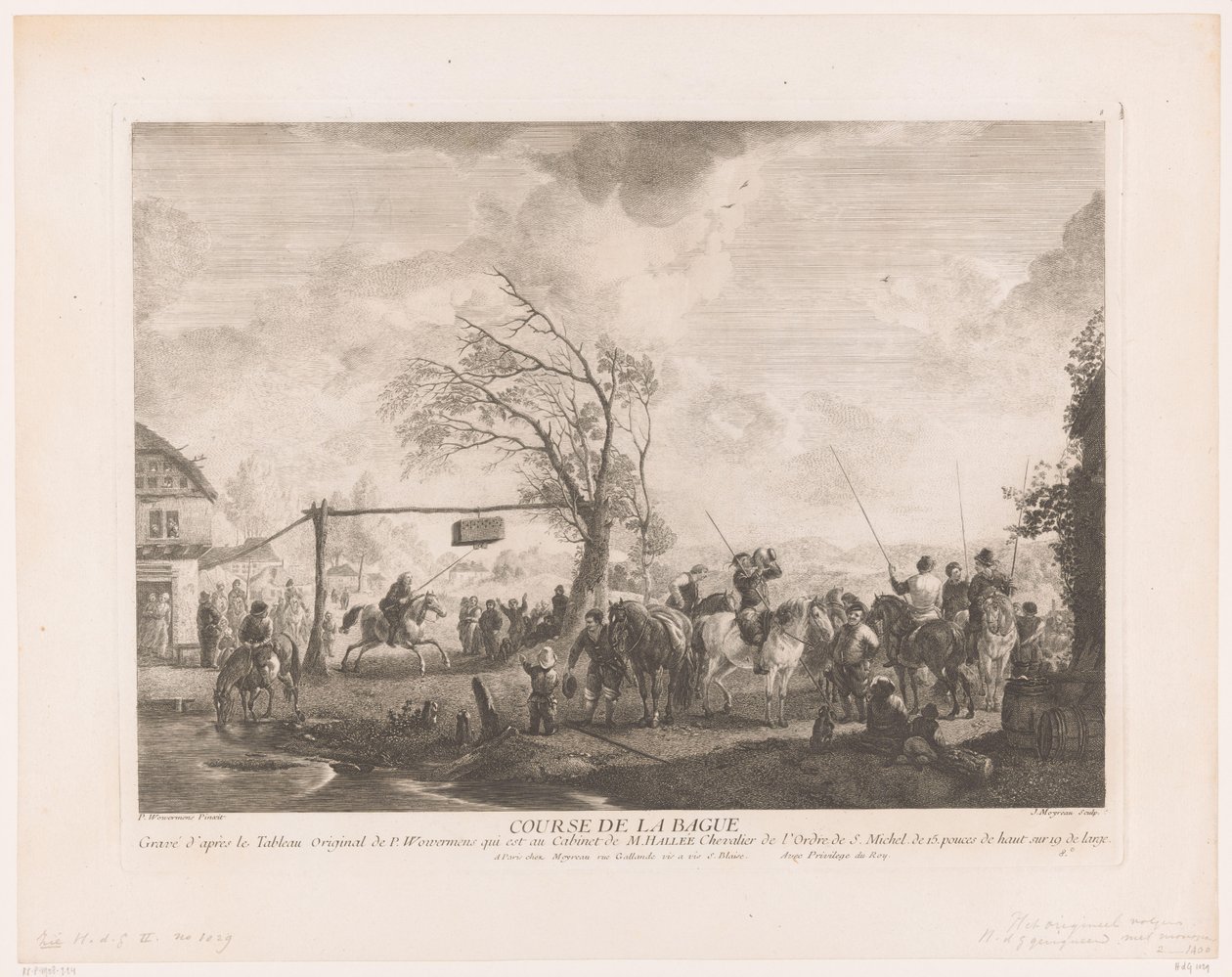 Znak pierścienia w wiejskiej karczmie Cours de la bague (tytuł na przedmiocie) Odbitki według obrazów Philipsa Wouwermana (tytuł serii) Oeuvres de Ph.pe Wouwermans Hollandois (tytuł serii) autorstwa Jean Moyreau