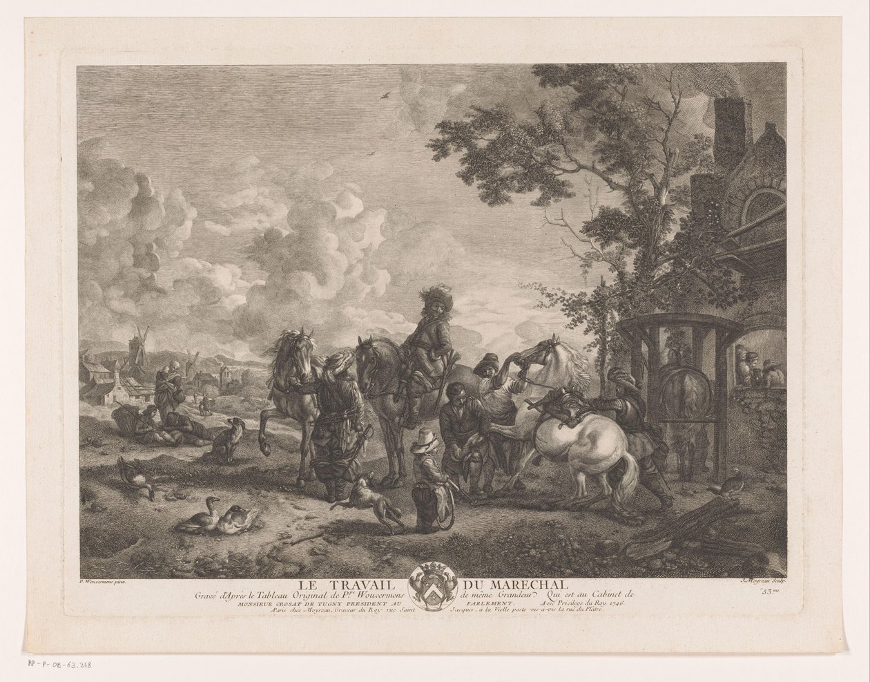 Jeźdźcy u kowala Le Travail du Marechal (tytuł na obiekcie) Odbitki według obrazów Philipsa Wouwermana (tytuł serii) Oeuvres de Ph.pe Wouwermans Hollandois (tytuł serii) autorstwa Jean Moyreau