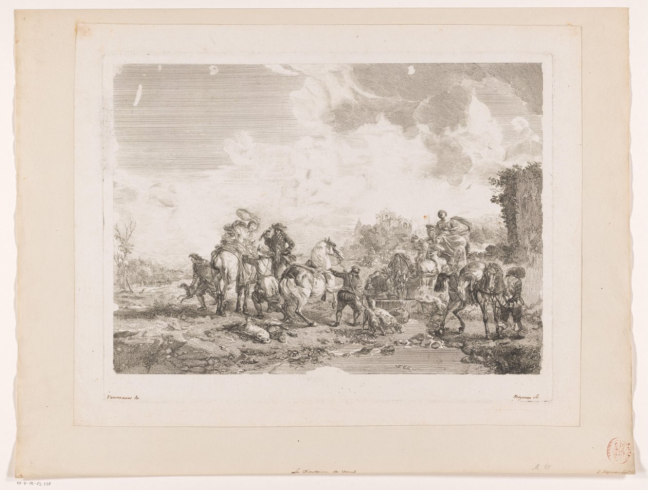 Odpoczynkowe polowanie przy fontannie La Fontaine de Venus Odbitki według obrazów Philipsa Wouwermana (tytuł serii) Oeuvres de Ph.pe Wouwermans Hollandois (tytuł serii) autorstwa Jean Moyreau