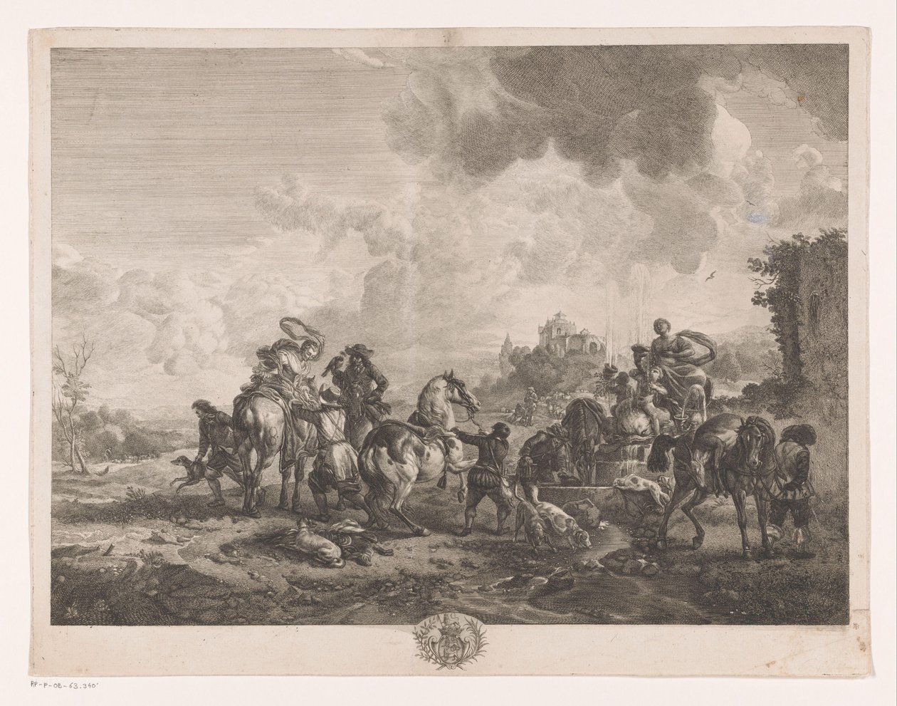 Odpoczynkowe polowanie przy fontannie La Fontaine de Venus Odbitki według obrazów Philipsa Wouwermana (tytuł serii) Oeuvres de Ph.pe Wouwermans Hollandois (tytuł serii) autorstwa Jean Moyreau