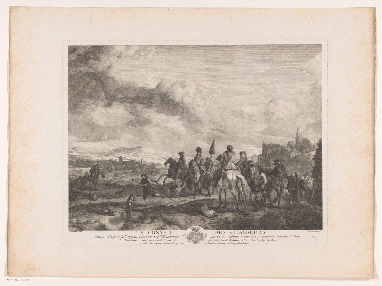Odpoczynkowe polowanie w krajobrazie Le Conseil des Chasseurs (tytuł na obiekcie) Odbitki według obrazów Philipsa Wouwermana (tytuł serii) Oeuvres de Ph.pe Wouwermans Hollandois (tytuł serii) autorstwa Jean Moyreau