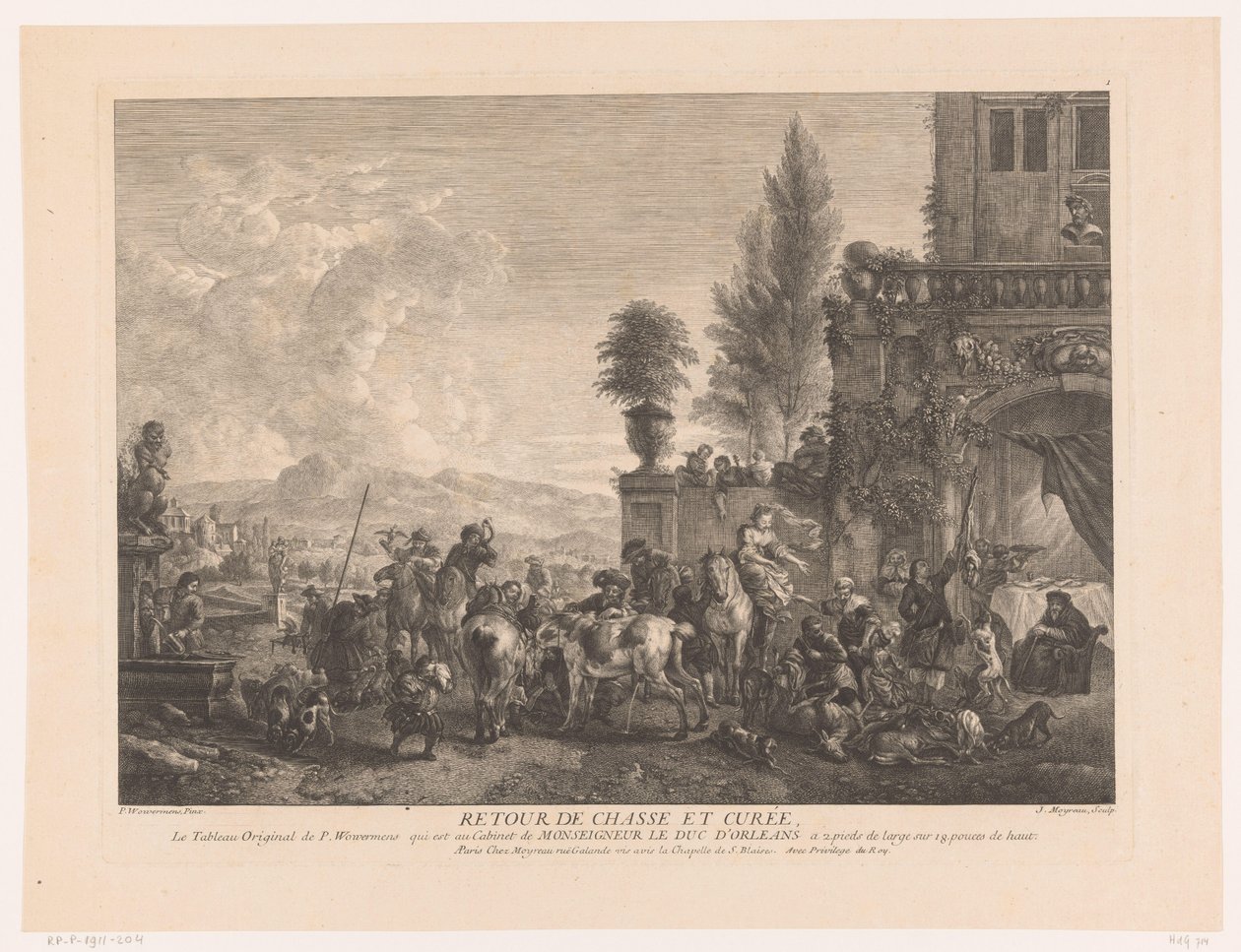 Powracające polowanie Zwróć chasse et curée (tytuł na obiekcie) Odbitki według obrazów Philipsa Wouwermana (tytuł serii) Oeuvres de Ph.pe Wouwermans Hollandois (tytuł serii) autorstwa Jean Moyreau